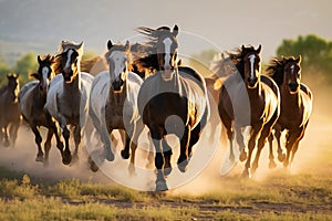 Herd of horses running in field together. Generative AI