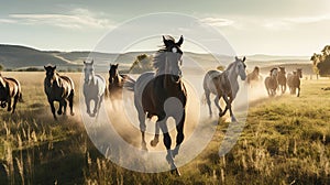 Herd of horses running on a meadow in the morning light