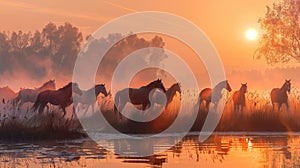 Herd of horses running through misty water at sunrise.