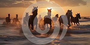 A herd of horses runs on the water at sunset. Generative ai