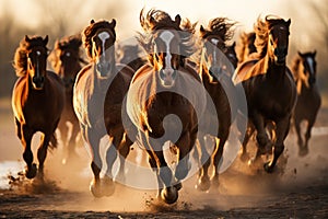 a herd of horses runs,wild horses run into a sandstorm and dust from under their hooves, generative ai