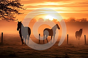 Herd of horses walking in fog early morning. Generative AI