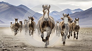 Herd of Kiang Running in Ladakh Valley with Brown Mountains in Background