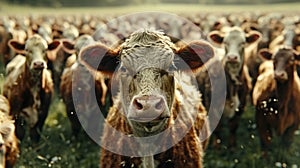 A herd of a large group of cows standing in the grass, AI