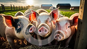 A herd of little pigs on a farm looks into the camera. Funny wide shot of piglets at sunset.