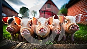 A herd of little pigs on a farm looks into the camera. Funny wide shot of piglets at sunset.