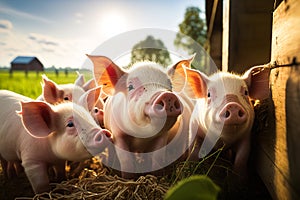 A herd of little pigs on a farm looks into the camera. Funny wide shot of piglets at sunset.