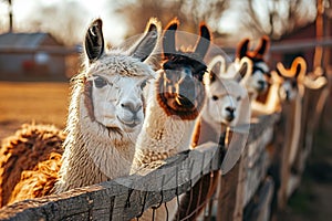 herd of a llama or alpaca in a fenced in area on a farm on sunset