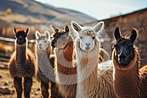 herd of llamas or alpacas on the farm in mountains