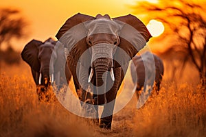 Herd of majestic elephants walking across a picturesque dry grass field at beautiful sunset