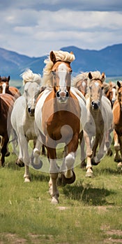 Herd of Majestic Horses Galloping Through the Green Meadow: A Breathtaking Portrait of Nature& x27;s Beauty and Equine