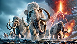 Herd of mammoths fleeing the volcano eruption. Generative Ai