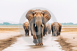Herd of Nine Elephants Crossing a Dirt Road
