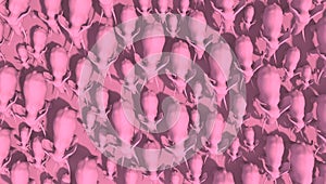 Herd of pink elephants on a pink background. Top view. Creative conceptual monochrome illustration. 3D rendering