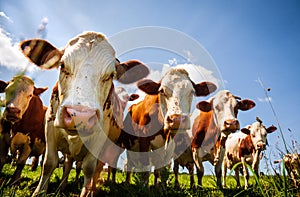 Herd of red cows in the pasture