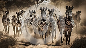 A herd of running stomping zebras walking forward kicking up clouds of sand, made with generative ai