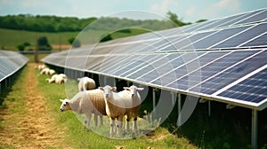 Herd of sheep grazing among solar panels