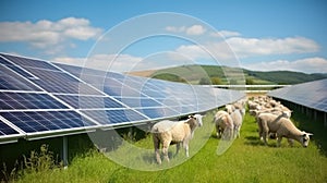 Herd of sheep grazing among solar panels