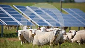 Herd of sheep grazing among solar panels