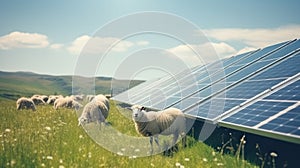 Herd of sheep grazing among solar panels