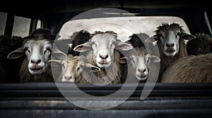 A herd of sheep is seen standing in the back of a truck, being transported by passersby in the area photo