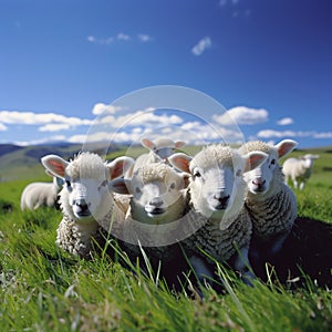 Herd of sheep standing on green field .Generative AI