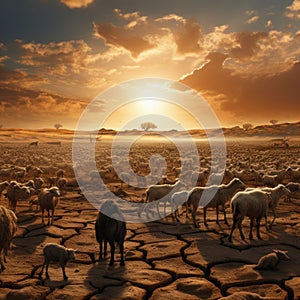 A herd of sheep standing on top of a dry grass covered field. Generative AI image.