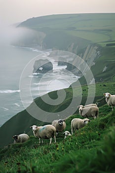 Herd of Sheep Standing on Top of Lush Green Hillside