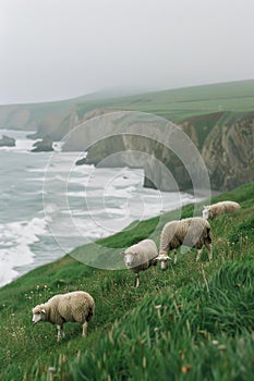 Herd of Sheep Standing on Top of Lush Green Hillside