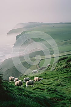 Herd of Sheep Standing on Top of Lush Green Hillside