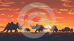 A herd of Triceratops their distinctive horns and frilled necks creating a stunning silhouette against the flamecolored