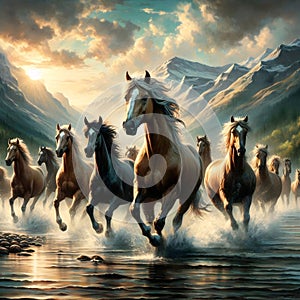 A herd of untamed horses galloping in a river surrounded by rocks and trees.