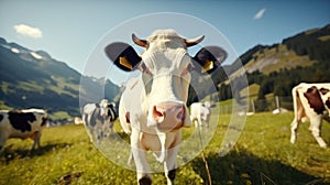 A herd of well-groomed, beautiful, healthy cows graze on a green meadow in the mountains. Modern farm life