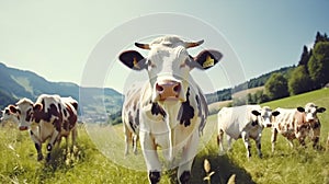 A herd of well-groomed, beautiful, healthy cows graze on a green meadow in the mountains. Modern farm life