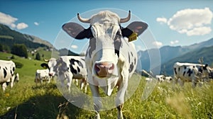 A herd of well-groomed, beautiful, healthy cows graze on a green meadow in the mountains. Modern farm life