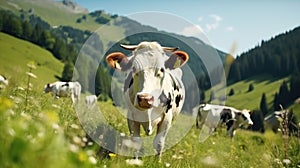 A herd of well-groomed, beautiful, healthy cows graze on a green meadow in the mountains. Modern farm life