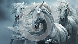 Herd of white horses running through the snow