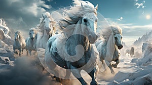 Herd of white horses running through the snow