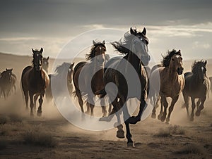 Herd of wild horses galloping