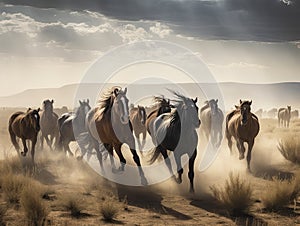 Herd of wild horses galloping