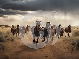 Herd of wild horses galloping