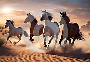 A herd of wild horses galloping across a sun-bleached desert plain, with clouds of dust