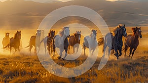 Herd of Wild Horses Galloping in the Golden Light of Dawn Across the Plains