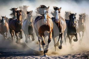 Herd of wild horses galloping at sunset.