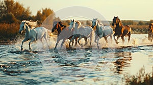 Herd of wild horses running across river, spacious copy area, nature landscape scene