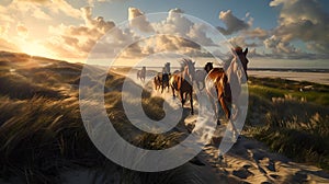 a herd of wild horses running down a sandy beach at sunset