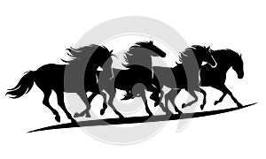 Running mustang horses herd black and white vector silhouette photo