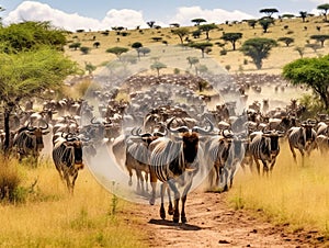 Herd of wildebeest migrating in Serengeti