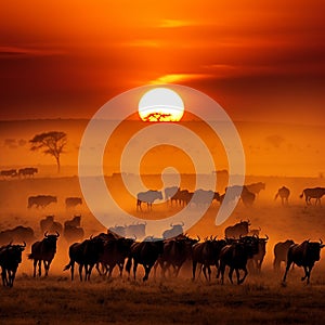 a herd of wildebeests at sunset