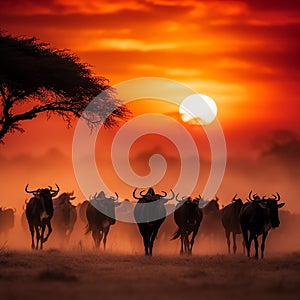 a herd of wildebeests at sunset